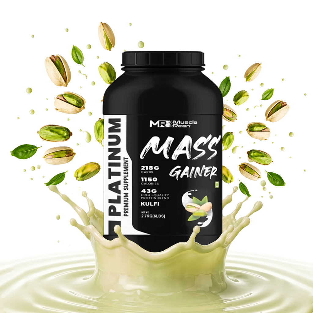 Muscle Reign Platinum Mass Gainer Supplement with 2180 calories and kulfi flavor for muscle growth